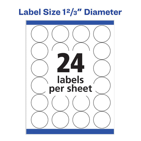 Slick Round Printable Labels 1 2/3 Inch Matte White 600 Count sheet showing 24 labels per sheet for easy printing.