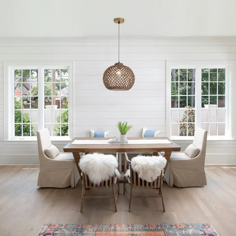 Awesome Hand Woven Rattan Pendant Light With 13.7 Inch Round Basket Shade in kitchen dining area, natural light setting.
