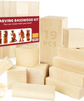 Dope Whittling Wood Blocks Kit With 19 Pieces For Basswood Carving In Three Sizes, Includes 12 Rectangles and 6 Cubes on display