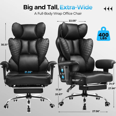 Big And Tall Ergonomic Office Chair With Wide Back Plush Leather Heavy Duty Build Built In Lumbar Support front and side view