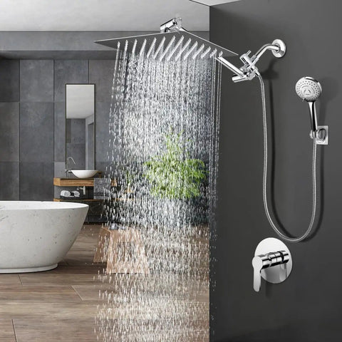 Modern bathroom with Massive 10 Inch Rain Shower Head and 5 Settings High Pressure Handheld Shower System in Chrome, dual heads.