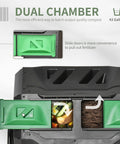 Dual Chamber 43 Gallon Rotating Compost Tumbler With 360 Degree Tumbling, Deep Fins And Aeration Vents showing slide doors and contents.