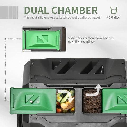 Dual Chamber 43 Gallon Rotating Compost Tumbler With 360 Degree Tumbling, Deep Fins And Aeration Vents showing slide doors and contents.