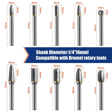 Ten-piece tungsten carbide burr set for 1/4-inch die grinder; assorted shapes for metal, stone, and wood.