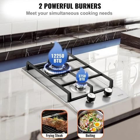 Gas Cooktop 12 Inch Two Burner Built In Stainless Steel Stove Top With 12250 BTU Max Dual Fuel Convertible LPG NG Hob Thermocouple Protection