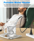 Portable 300W Immersion Water Heater for Coffee Tea Soup 120V 240V Travel Mug Warmer shown heating water in glass cup.