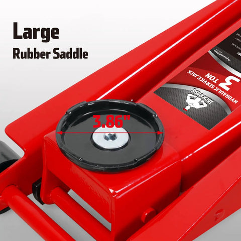 Close-up view of red 3 Ton Floor Jack With Fast Lift Hydraulic Service Jack Made From Heavy Duty Steel, Large 3.86 inch Saddle.