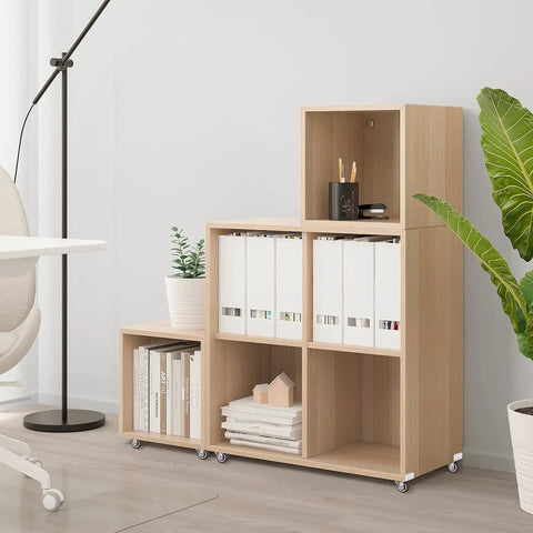 Wooden shelving unit with One Inch L Shaped Plate Caster Wheels Set Of Four Heavy Duty Swivel Side Mount Casters With Two Brakes 99 Lb Load Quiet Rubber Rolling Wheels for Furniture Cabinets Cribs and Tables Easy Install, holding books and plants.