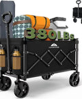 Front view of Grab And Go Heavy Duty Collapsible Folding Wagon with 65L Capacity and 330 Lb Load, all-terrain wheels, in use with camping gear.