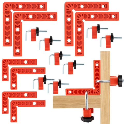 Sixteen Piece Right Angle Clamp Set For Woodworking With 90 Degree Positioning Squares, shown clamping wooden boards, red color