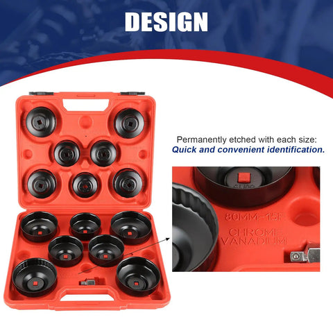 Open case of 15 Piece Oil Filter Cap Wrench Tool Set with labeled cup sizes for easy identification.