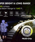 Person using Ultra Bright 1500 Lumen Rechargeable Tactical Flashlight at night on outdoor path with water nearby, showcasing beam range.