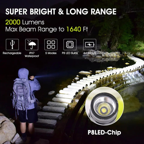 Person using Ultra Bright 1500 Lumen Rechargeable Tactical Flashlight at night on outdoor path with water nearby, showcasing beam range.