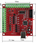 Red 4 Axis CNC Motion Controller Board for Stepper or Servo Motors with USB port and labeled connections, detailed view.