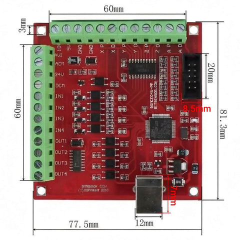 Red 4 Axis CNC Motion Controller Board for Stepper or Servo Motors with USB port and labeled connections, detailed view.