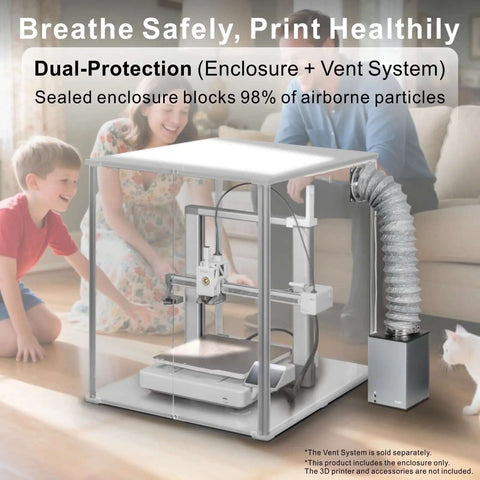 3D Printer Enclosure For Bambu Lab A1 With AMS Lite Dope Filtration in living room setting, featuring vent hose attachment.