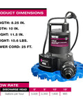 Reinforced Thermoplastic Pool Cover Pump With One Quarter HP Motor, Auto On Off, iSwitch Sensor, Up To 3,000 GPH