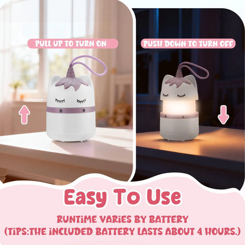 Two Pack Unicorn Themed Kids Camping Lanterns With RGB Multicolor Lights Battery Powered, shows on/off instructions in daytime and nighttime settings