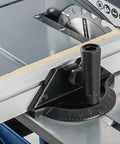 Adjustable Black Aluminum Table Saw Miter Gauge Fence Sled Offering Slick Offset Runs For Razor Sharp Chamfer Cuts And Dead Simple Workpiece Feed On Any Shop Rack close-up on miter gauge setup.