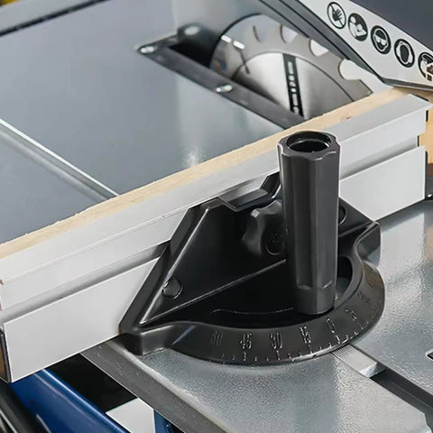 Adjustable Black Aluminum Table Saw Miter Gauge Fence Sled Offering Slick Offset Runs For Razor Sharp Chamfer Cuts And Dead Simple Workpiece Feed On Any Shop Rack close-up on miter gauge setup.