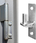 Set Of 2 Beefy Wall Mount Gate Hinges For Outdoor Chain Link Fence Stainless Steel Finish Heavy Duty Gate Hardware For Long Lasting Security And Smooth Operation In Home Yard And Professional Projects, close-up view of metal hinges.