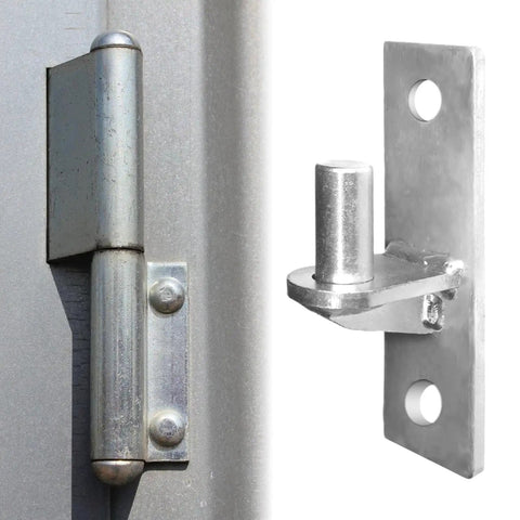 Set Of 2 Beefy Wall Mount Gate Hinges For Outdoor Chain Link Fence Stainless Steel Finish Heavy Duty Gate Hardware For Long Lasting Security And Smooth Operation In Home Yard And Professional Projects, close-up view of metal hinges.