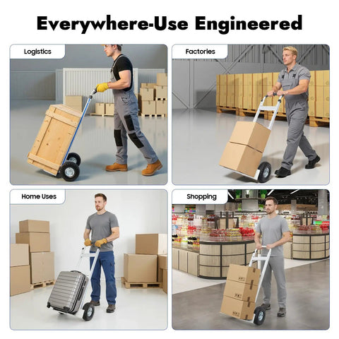 Heavy Duty Aluminum Hand Truck And Rolling Dolly Cart For Moving Furniture 500 Lbs in various environments like logistics and shopping.