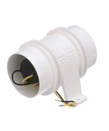 Top Shelf In Line Bilge Blower With Super Slick Five Blade Fan, white plastic, compact design, for engine bay ventilation.