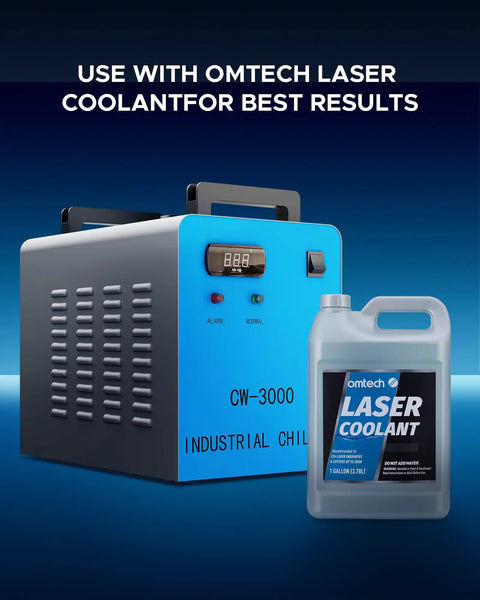 Industrial CO2 Water Chiller For K40 Laser Engravers Up To 50 Watts with 1 Gallon laser coolant beside unit.