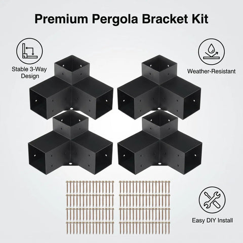 Heavy Duty Pergola Brackets Kit For 6x6 Wood Beams Four Pack 3 Way Corner Post Hardware displayed with screws