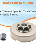 3/8 Inch Chainsaw Spur Sprocket Kit With Clutch Drum And Needle Bearing, 7 Tooth Drive Sprocket, parts shown on display