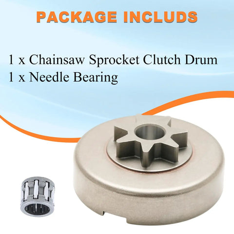 3/8 Inch Chainsaw Spur Sprocket Kit With Clutch Drum And Needle Bearing, 7 Tooth Drive Sprocket, parts shown on display