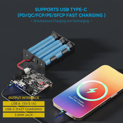 MPPT Solar Charge Controller With 65W PD QC Fast Charge connected to blue 18650 batteries and smartphone