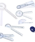 Original 6 Piece Goniometer Set Plus Measuring Tape 7 Piece Comprehensive Angles Kit For Physical Therapy And Rehab EGM431 Includes Multiple Size Goniometers, clear plastic set