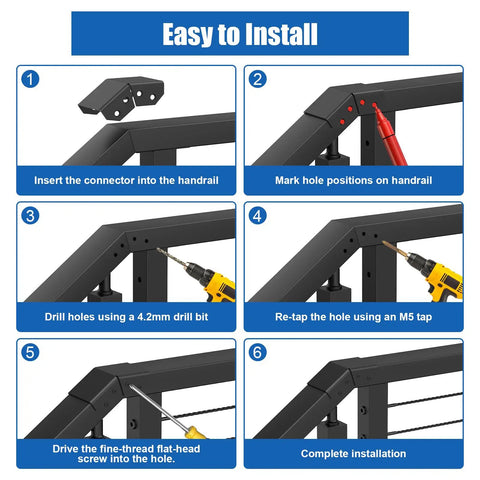 Installation guide for Handrail Connector Sleeve for horizontal to stair upper joint in deck cable railing, black aluminum.