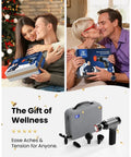 Couples exchanging T2 Ultra Percussion Massage Gun With Heated Infrared Red LED Therapy For Deep Tissue Muscle Recovery gifts.
