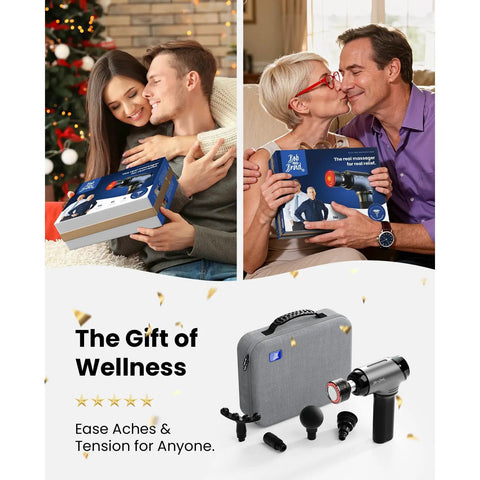 Couples exchanging T2 Ultra Percussion Massage Gun With Heated Infrared Red LED Therapy For Deep Tissue Muscle Recovery gifts.