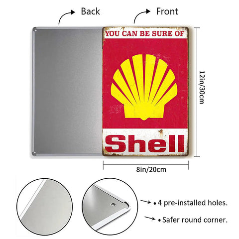 Kickass Vintage Metal Tin Signs Set Of Six Retro Garage Wall Decor featuring Shell design, 12x8 inches, durable sheet metal.