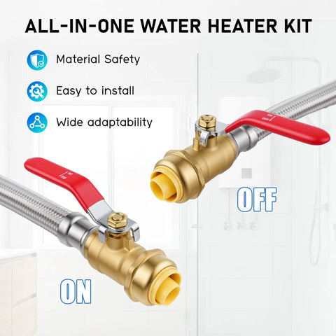 Three Quarters Inch Flexible Water Heater Hoses Kit 24 Inch Stainless Braided Connectors With Ball Valve Push To Connect