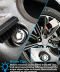 Close-up of wheel showing lock with brush and lubricant tip for wheel lock removal kit with a J wheel lock key for Toyota vehicles.