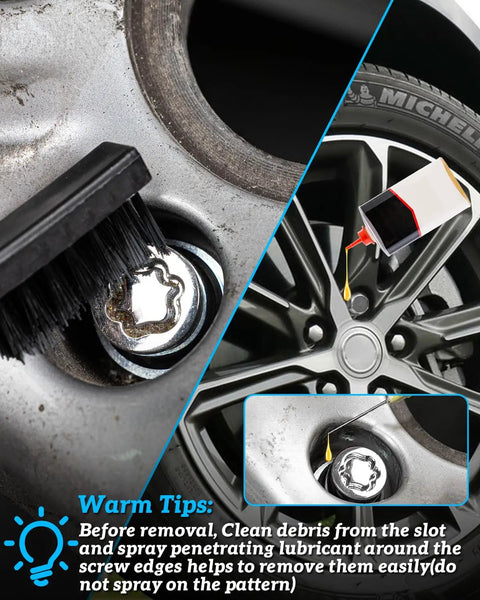 Close-up of wheel showing lock with brush and lubricant tip for wheel lock removal kit with a J wheel lock key for Toyota vehicles.