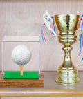 Clear Acrylic Golf Ball Display Case With Wood Base And Tee Holder UV Protected Square Cube Ball Storage Box Next to Trophy
