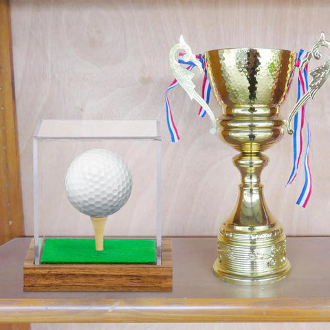 Clear Acrylic Golf Ball Display Case With Wood Base And Tee Holder UV Protected Square Cube Ball Storage Box Next to Trophy