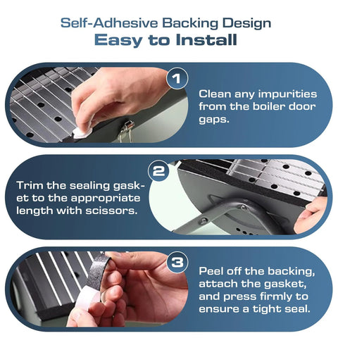 LavaLock smoker gasket installation steps 1-3: clean gaps, trim to length, apply backing.