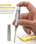 Precision Oiler Pen For Cars And Machines With Aluminum Body Pocket Clip And Cap Portable Pinpoint Lubrication Tool For Exact Grease Application And No Fuss Overfill Worries, shown in hand