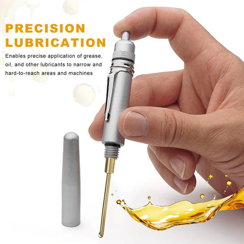 Precision Oiler Pen For Cars And Machines With Aluminum Body Pocket Clip And Cap Portable Pinpoint Lubrication Tool For Exact Grease Application And No Fuss Overfill Worries, shown in hand