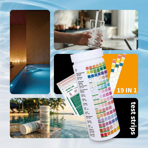 19 In 1 Water Quality Test Strips For Tap And Well Water Straight Up PH Hardness Chlorine Lead Nitrate Bacteria Testing Kit With 100 Heavy Duty Reagents Plus No Guesswork Readouts displayed with water glass and test strip container.