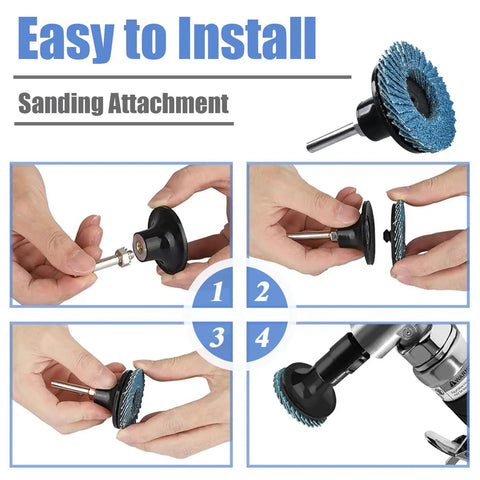 Step-by-step installation of 15 Piece Two Inch Roll Lock Flap Disc Kit For Die Grinders With 40 60 80 Grit Quick Change Abrasives