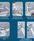 Collage of images showing 1080 Degree Rotating Faucet Extender With Copper Body And Four Layer Filter used in kitchen and bathroom settings.