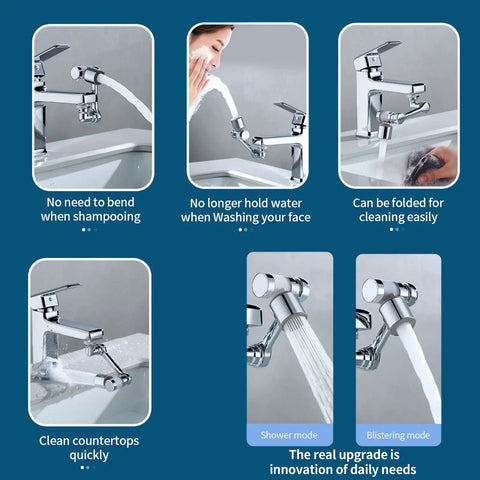 Collage of images showing 1080 Degree Rotating Faucet Extender With Copper Body And Four Layer Filter used in kitchen and bathroom settings.